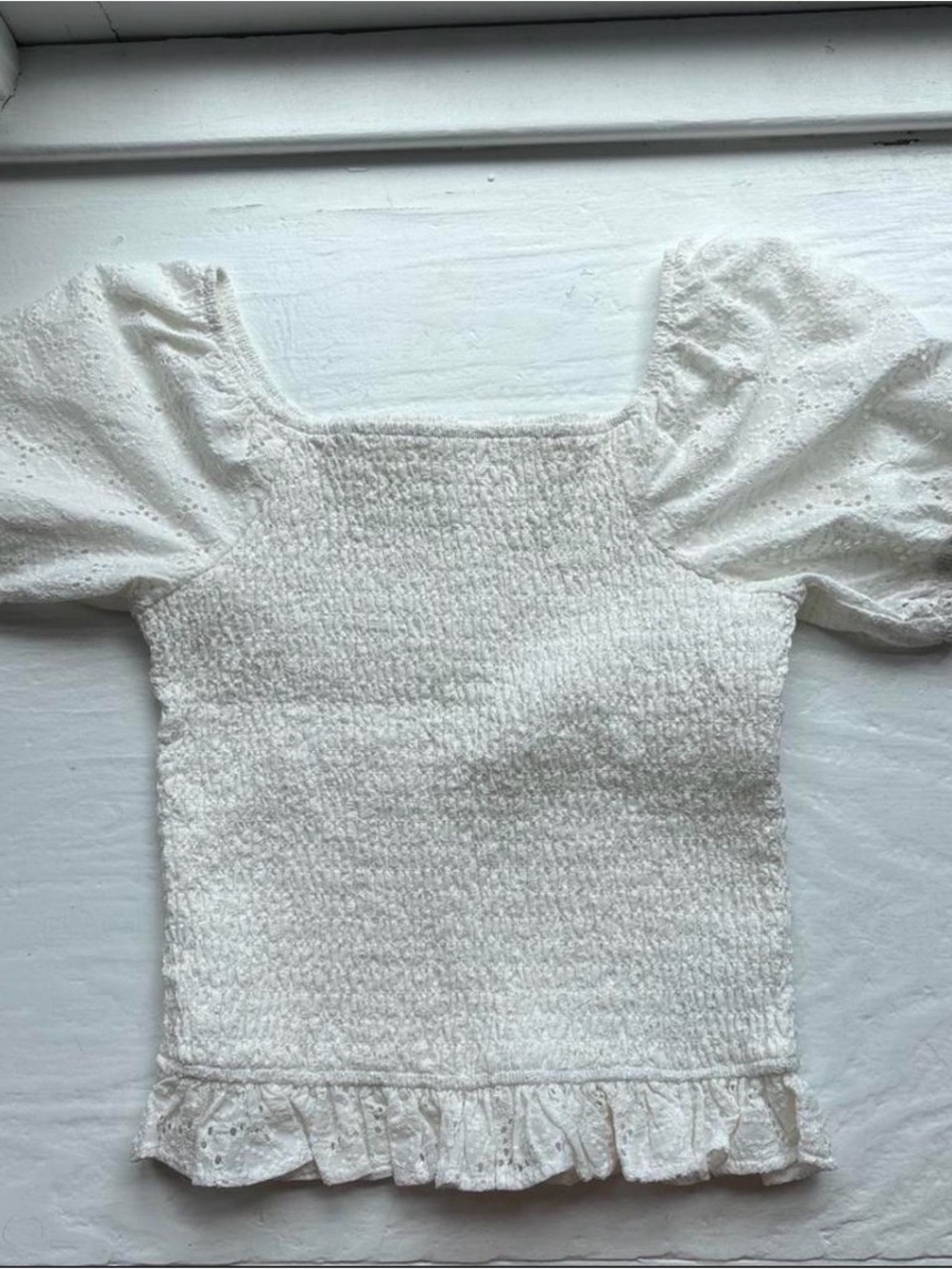 Art Class White Eyelet Smocked Puff Sleeve Peplum Cropped Top Size XL 14 GUC